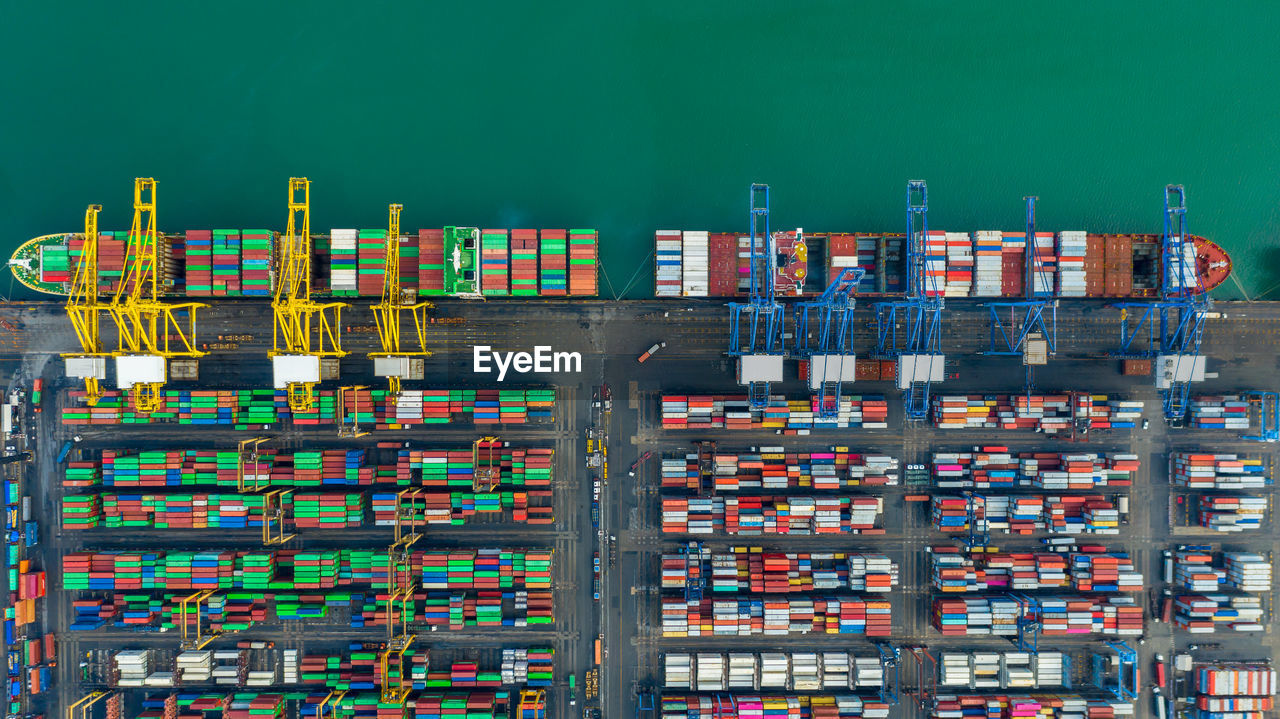 Aerial top view container ship at seaport, global business logistic import export freight shipping