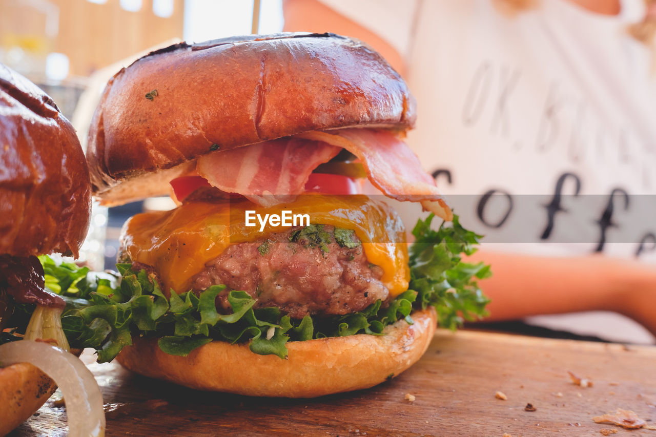 Close-up of burger on table