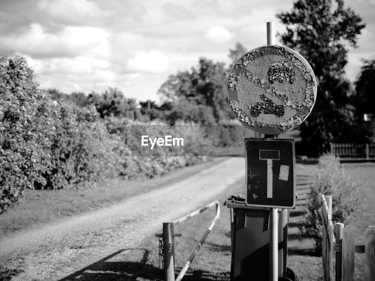 Close-up of road sign against trees on field