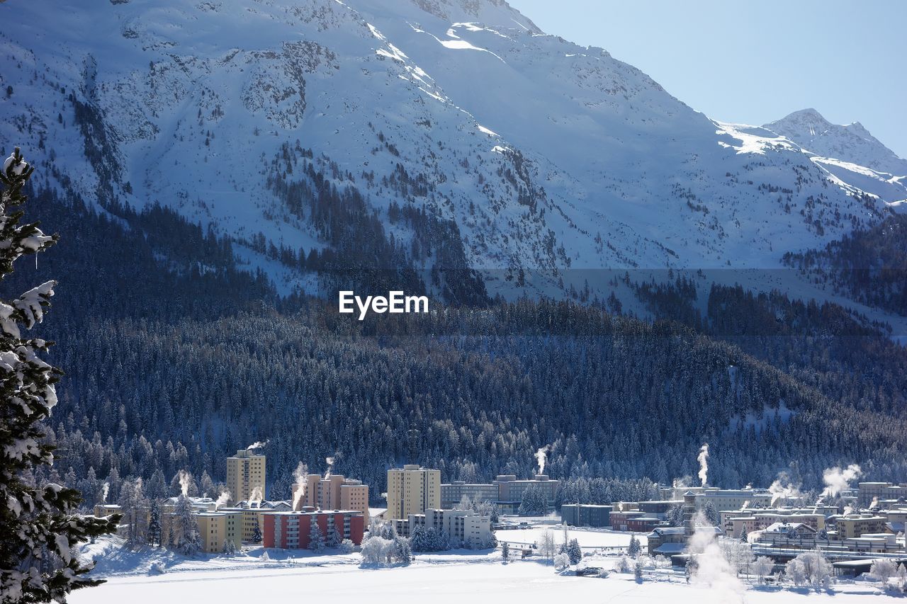 Scenic view of snow covered mountains against sky