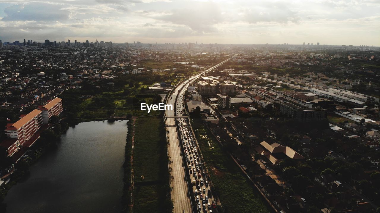 High angle view of cityscape against sky