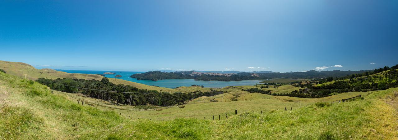 Scenic view of landscape against clear blue sky