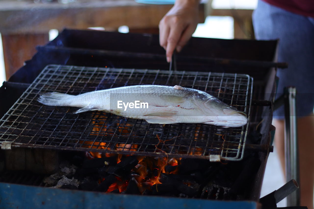 CLOSE-UP OF HAND HOLDING FISH ON BARBECUE