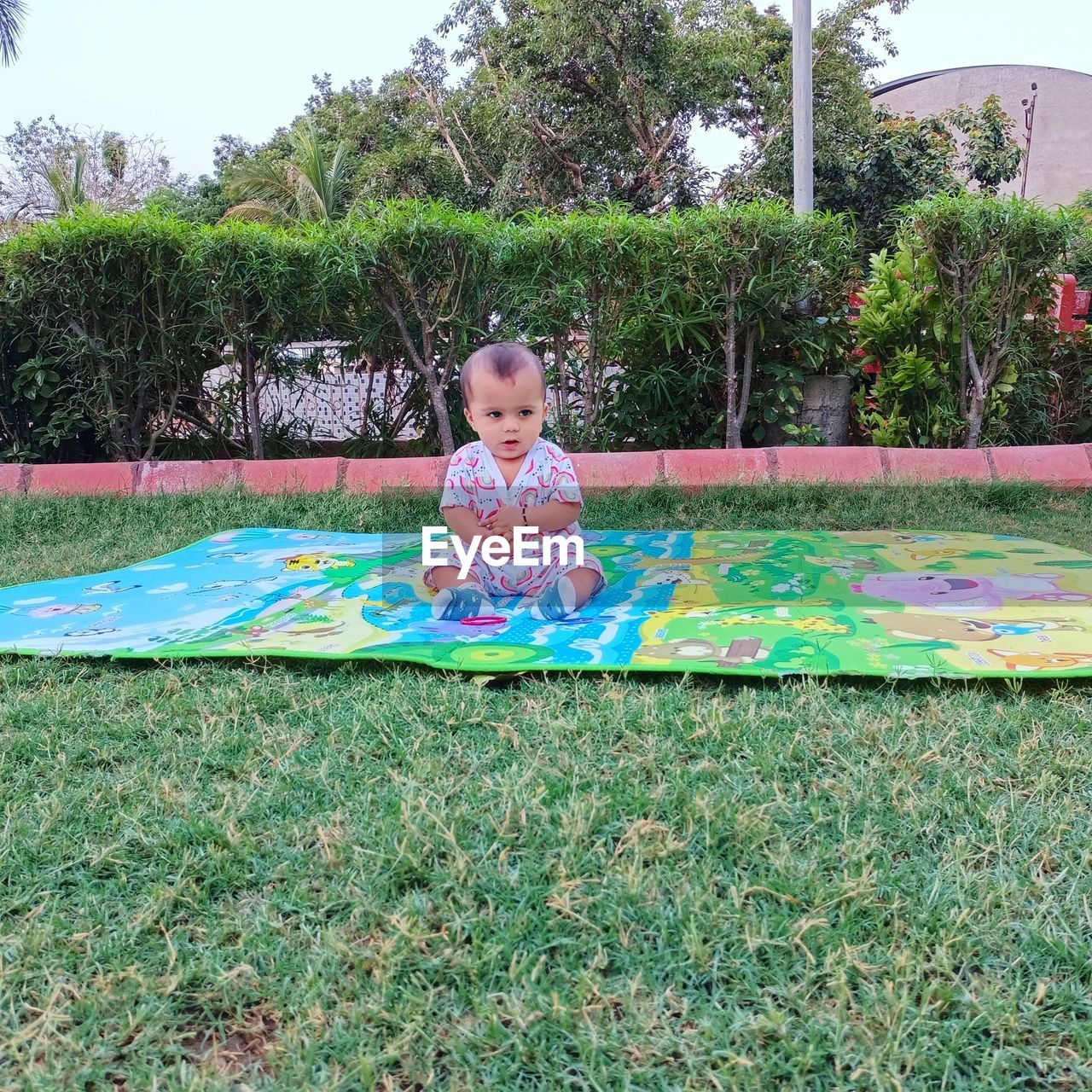 childhood, child, one person, plant, leisure activity, grass, nature, day, backyard, full length, innocence, front view, female, baby, lawn, lifestyles, toddler, happiness, sky, person, tree, women, enjoyment, emotion, playground, outdoors, portrait, smiling, casual clothing, clothing, cute, human face, fun, outdoor play equipment, sitting, park, front or back yard, growth, flower, looking at camera, park - man made space