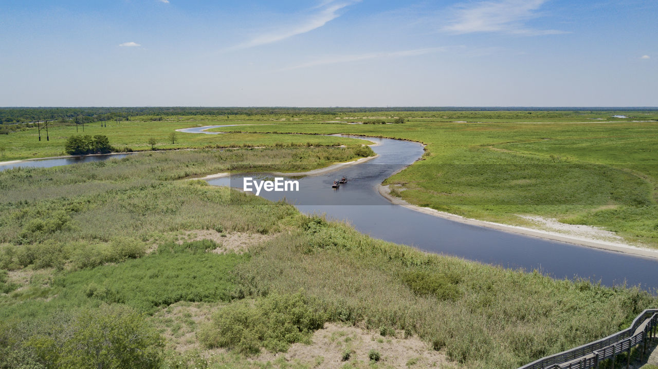 Scenic view of river amidst field against sky