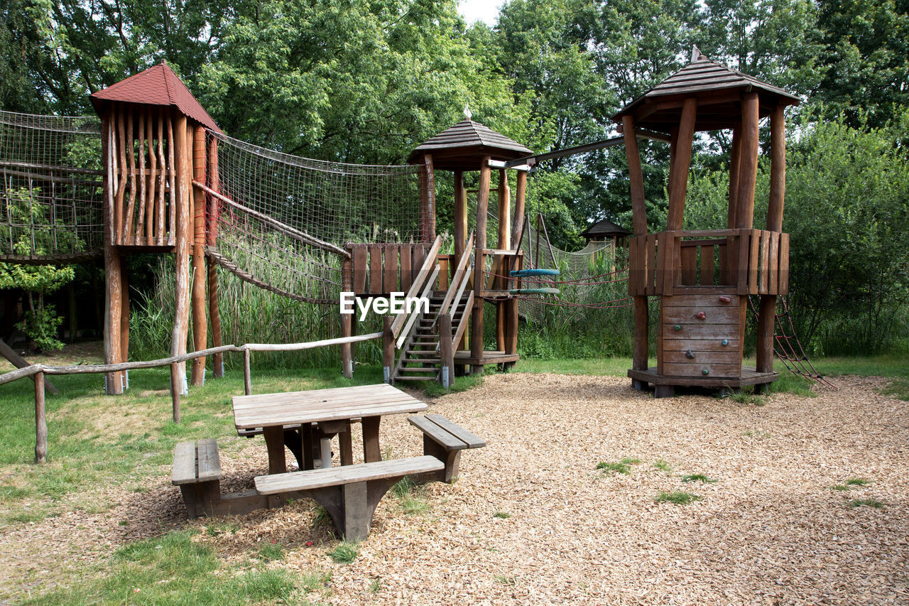 EMPTY BENCHES IN PARK AGAINST TREES