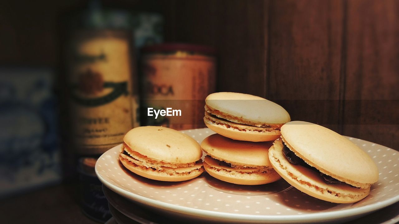 Close-up of macaroons in plate on table