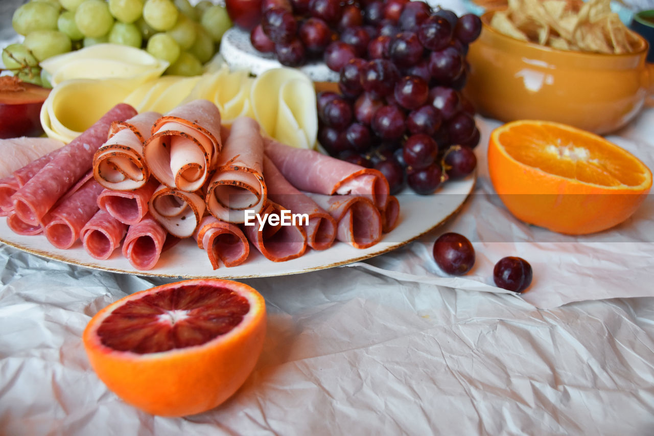 High angle view of fresh food on crumpled paper