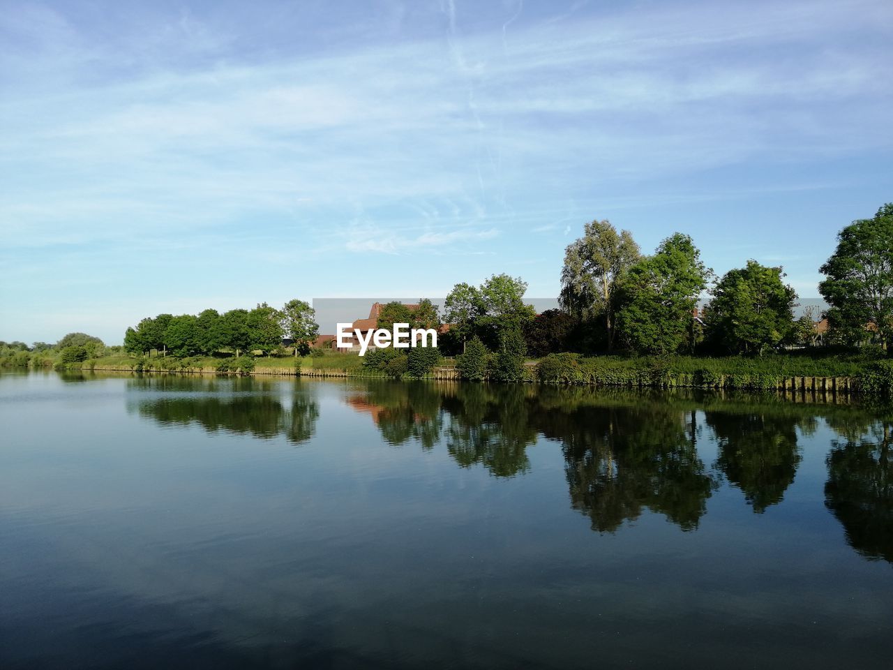 Scenic view of lake by trees against sky