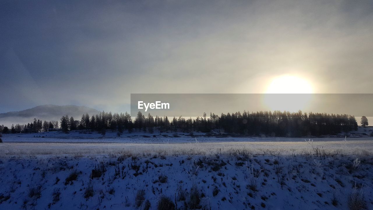SCENIC VIEW OF SNOW COVERED FIELD AGAINST SKY DURING WINTER