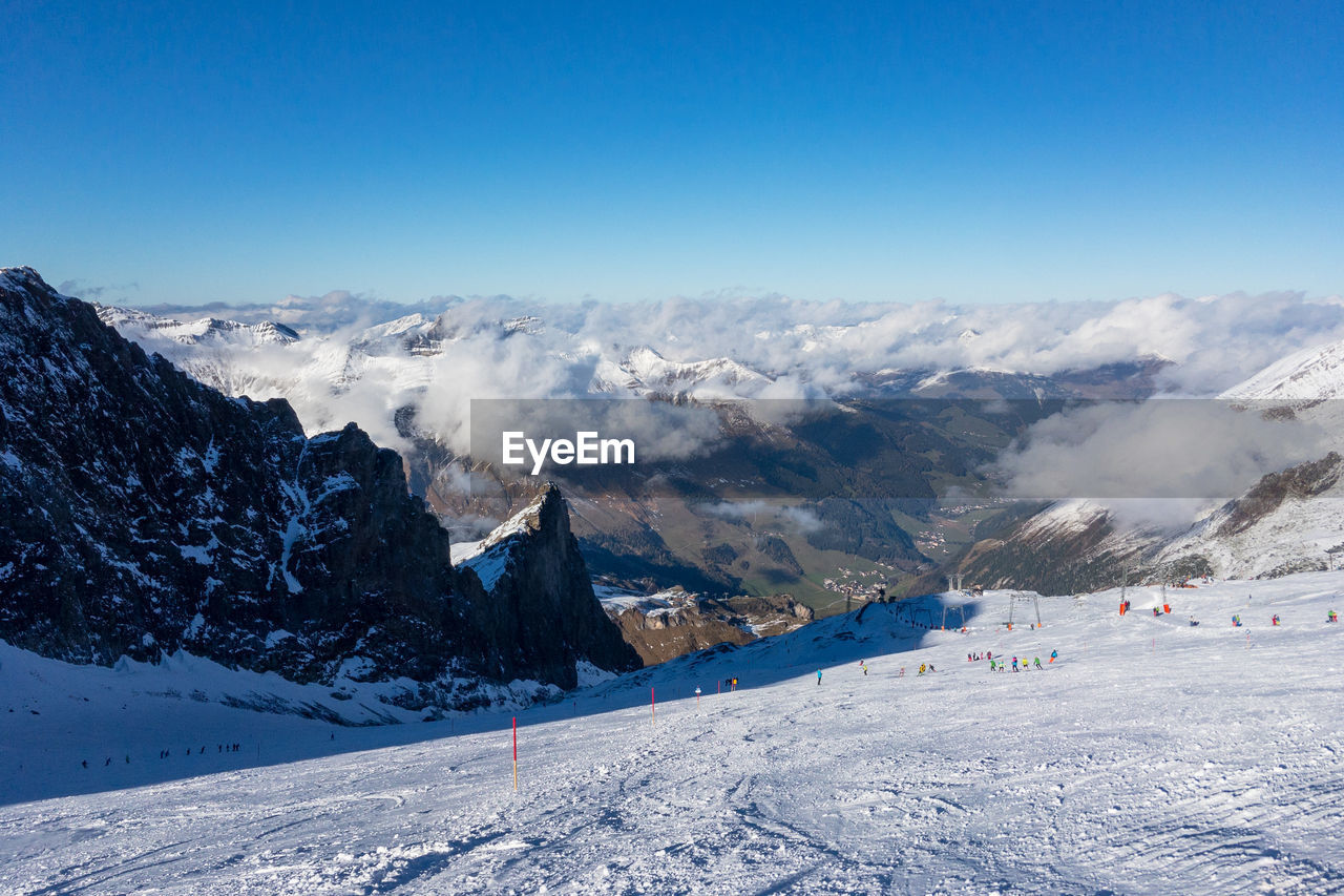 Scenic view of austrian ski region hintertux glacier in the region of tyrol against clear blue sky
