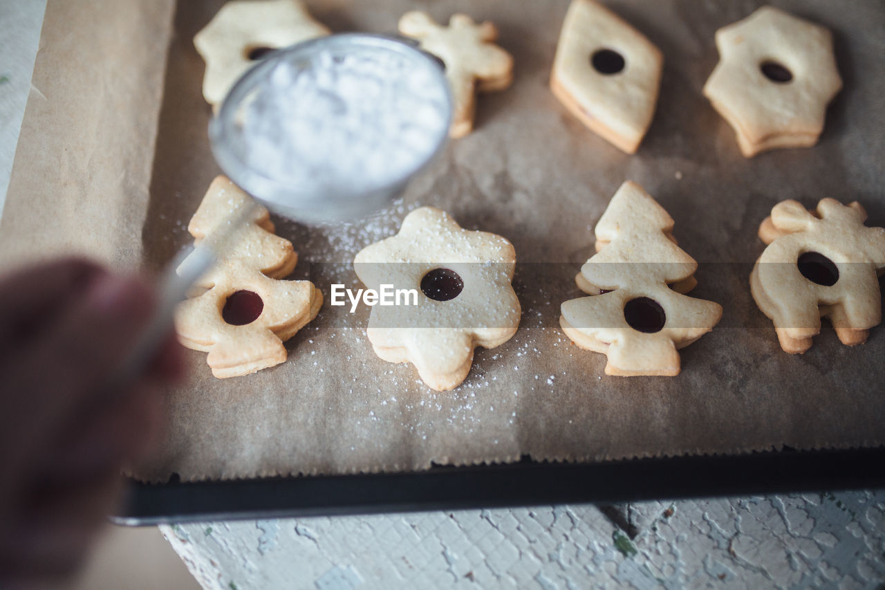 High angle view of baking sheet with cookies