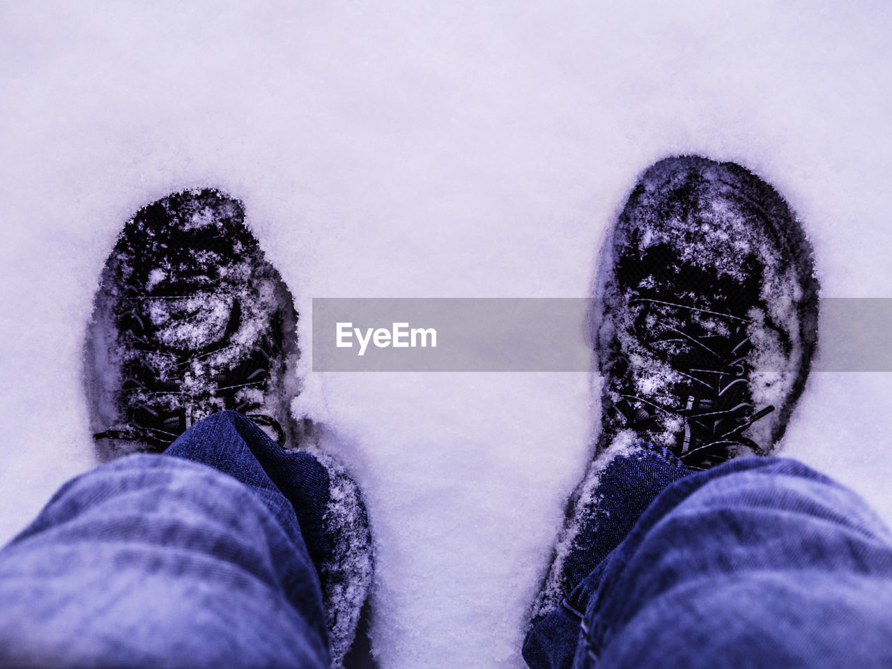 Low section of man on snow covered field