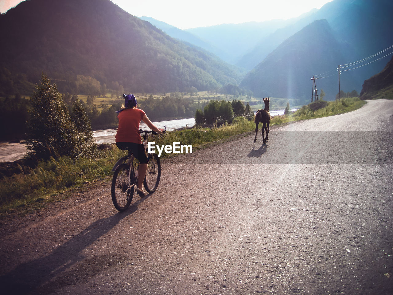 REAR VIEW OF MAN CYCLING ON ROAD