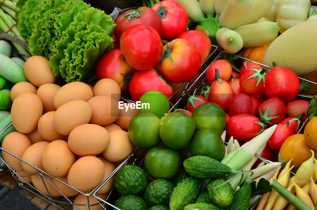 Fruits in basket for sale at market stall