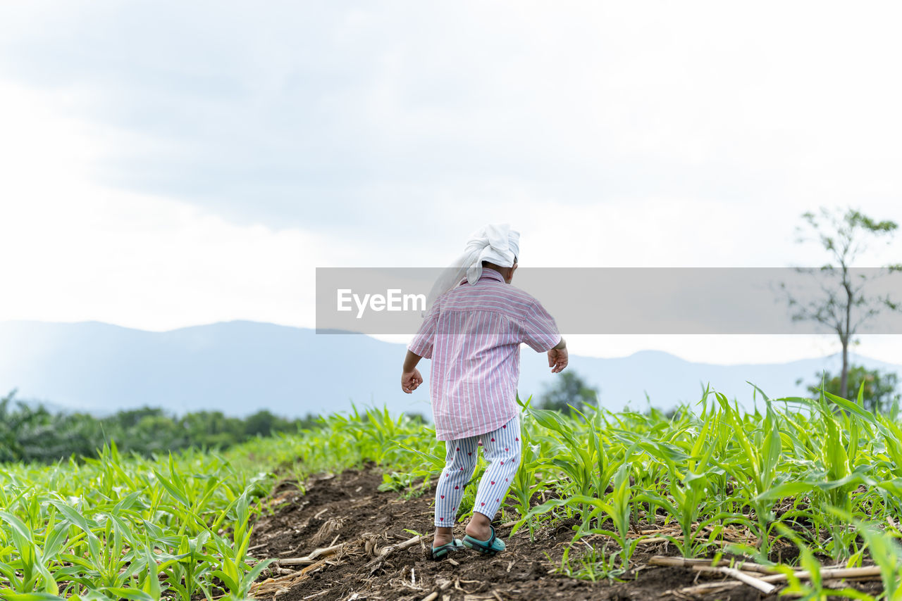 Rear view of boy walking on field against sky