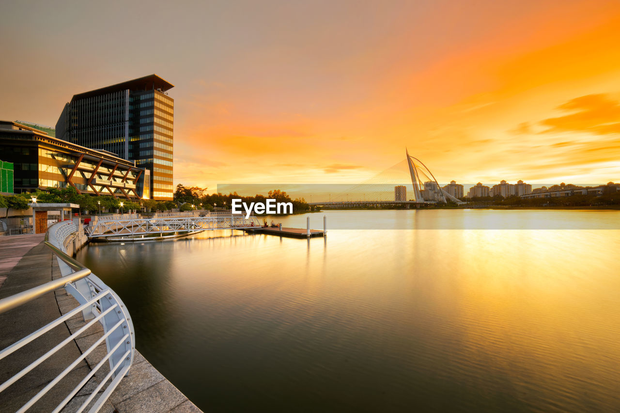 Scenic view of river against sky during sunset