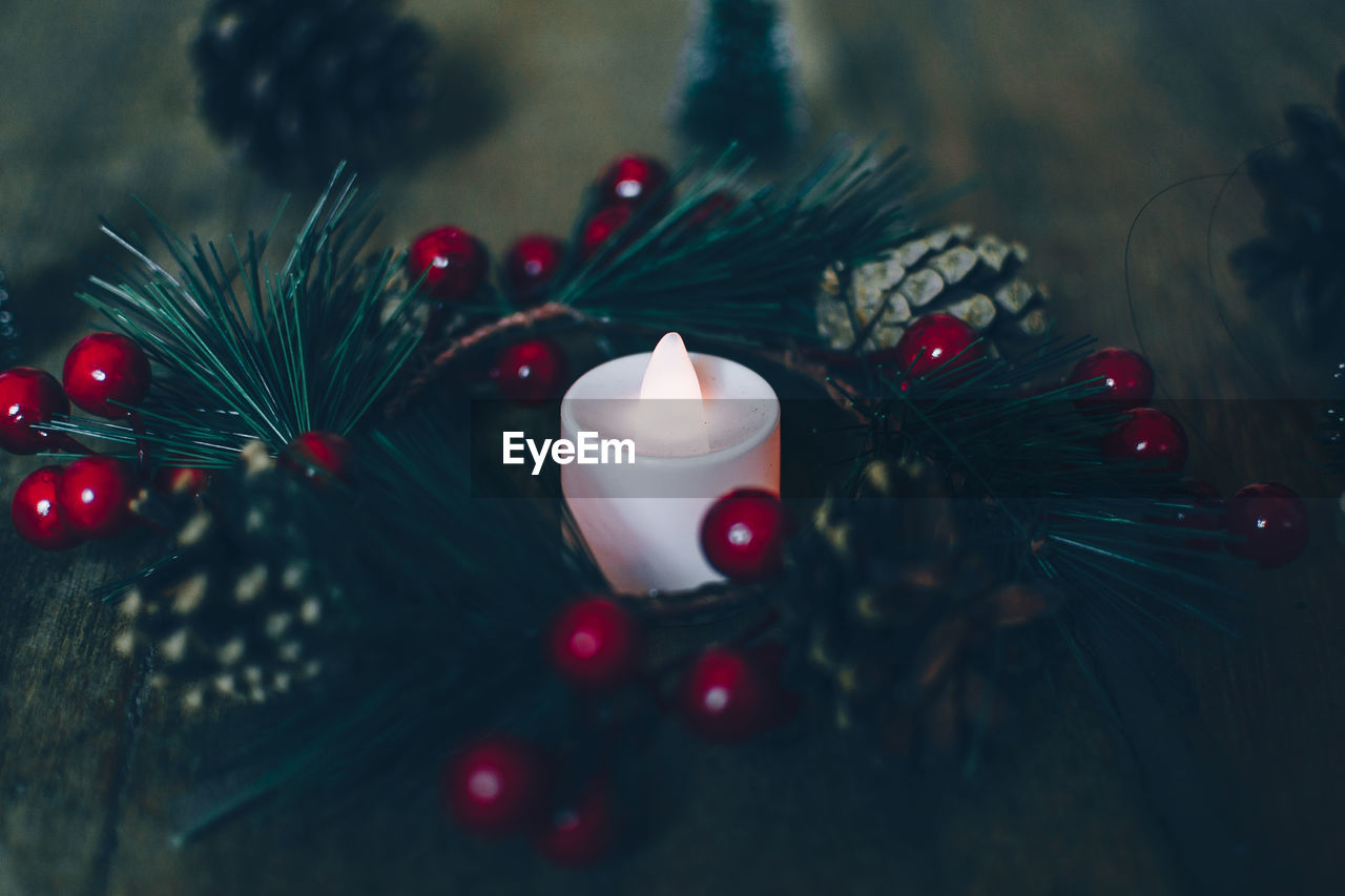 Close-up of christmas decorations on table