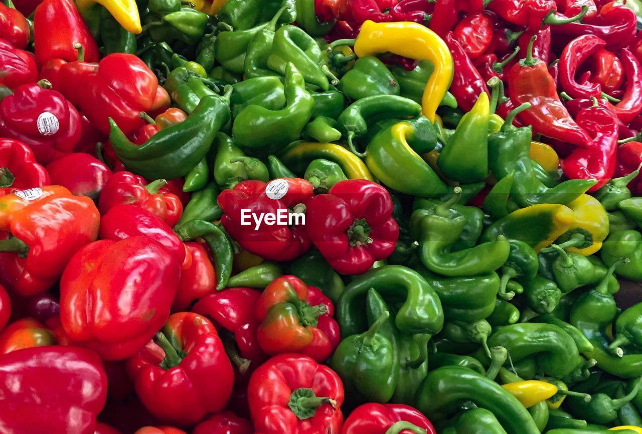 Full frame shot of bell peppers for sale in market