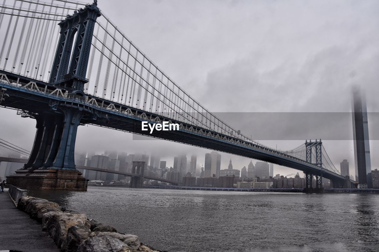 Bridge over river with city in background