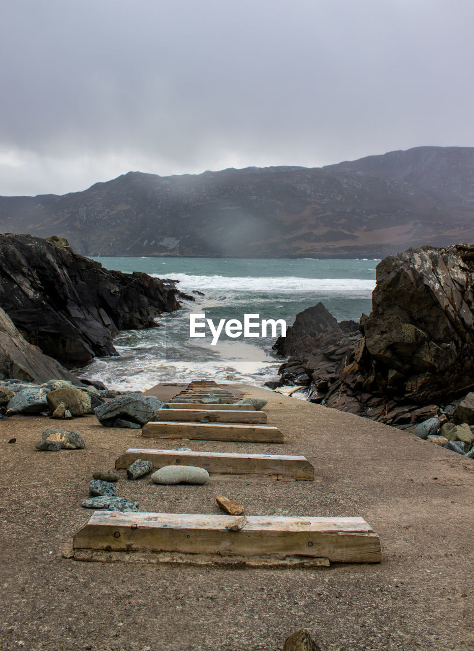 SCENIC VIEW OF SEA AGAINST MOUNTAINS