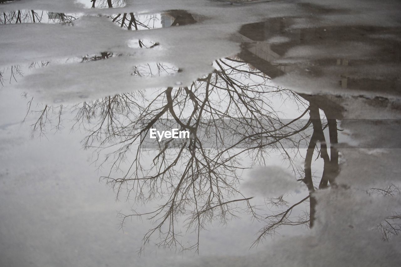 HIGH ANGLE VIEW OF FROZEN LAKE