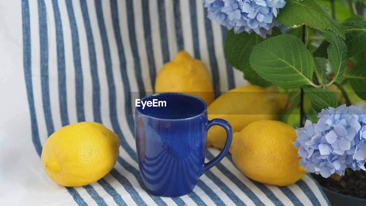 Blue mediterranean coffee mug, bright juicy italian-style lemons blue hydrangeas, travel concept