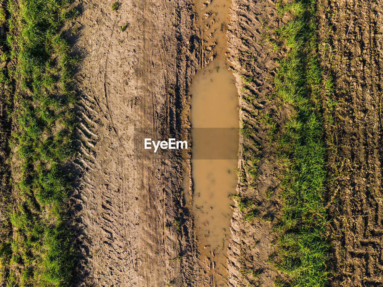 Tracks between puddles of water and grass on a dirt road after the rain seen from above