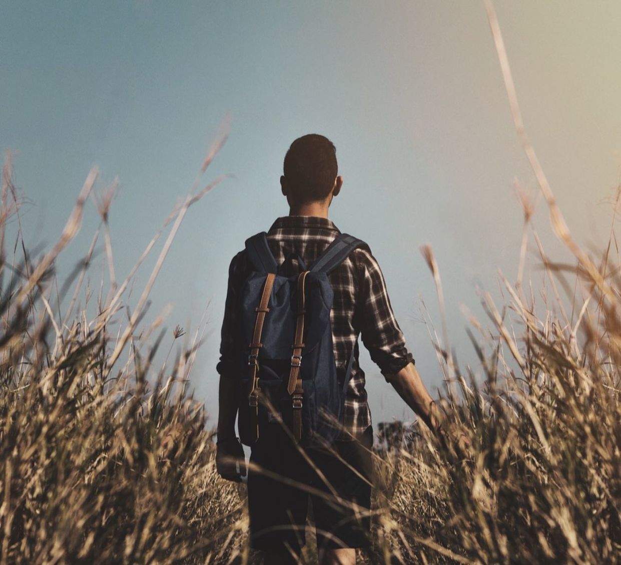 Rear view of man standing in farm against sky