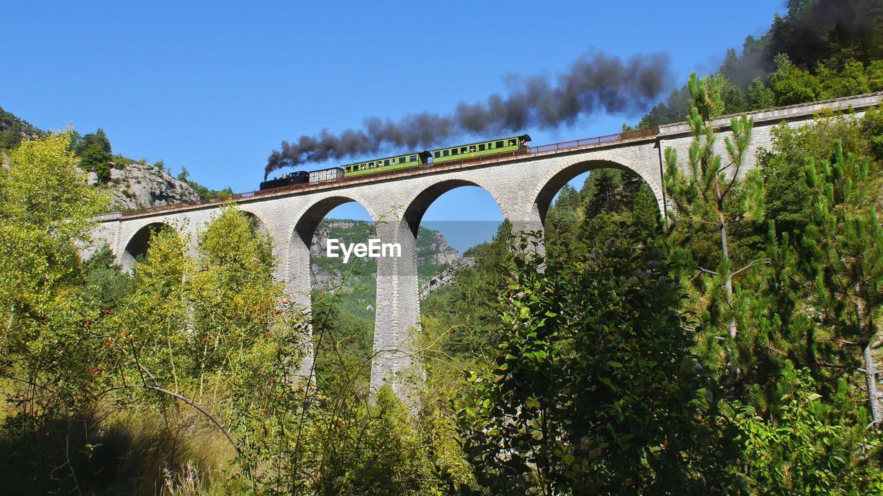 Low angle view of bridge with trees in background