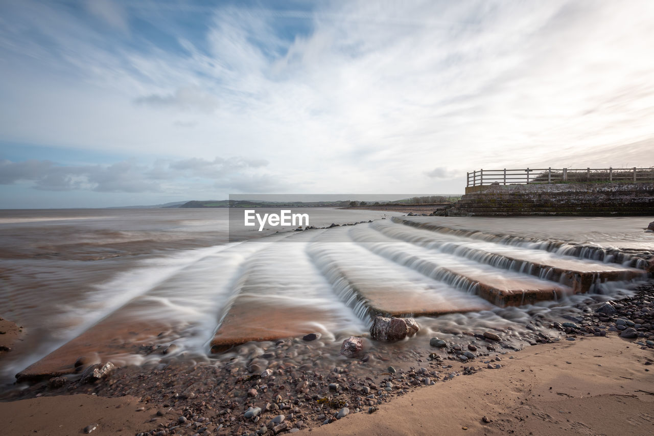 Long exposure of the waterfall from the river avill flowing onto dunster beach in somerset