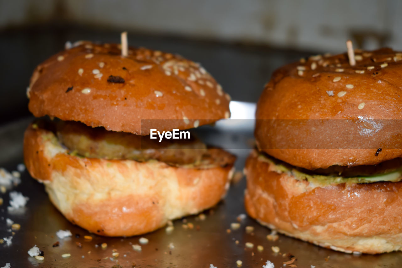 Close-up of burger on table