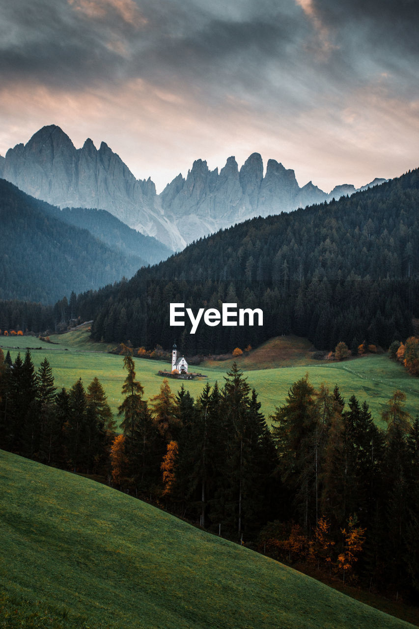 Autumn landscape at st johann church, santa maddalena, val di funes, dolomiti mountains, italy	