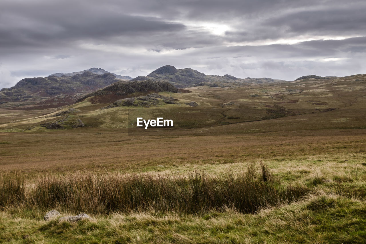 Scenic view of landscape and mountains against cloudy sky