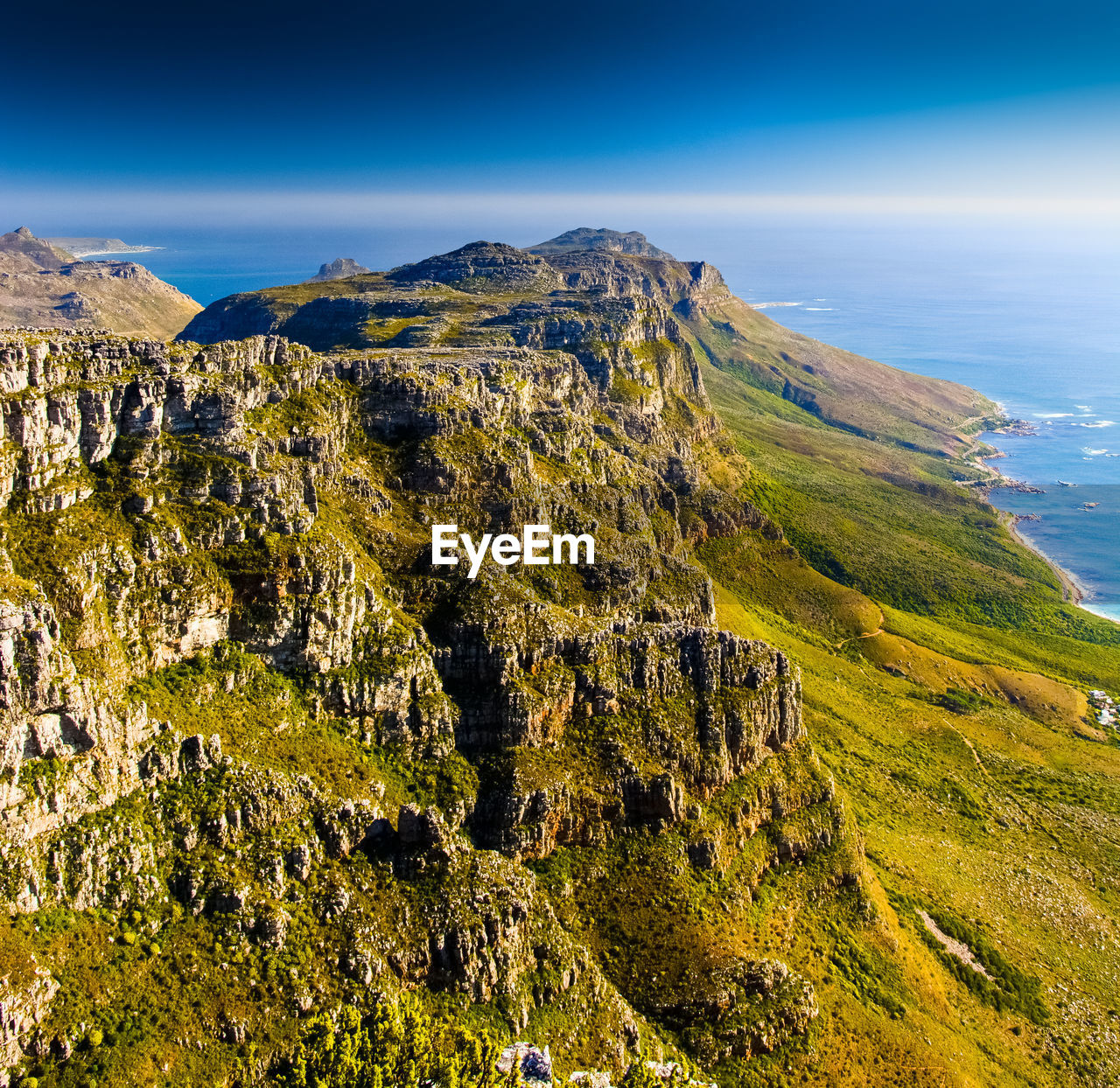 Panoramic  view along the table mountain, cape town, south africa, towards the horizon across  sea 