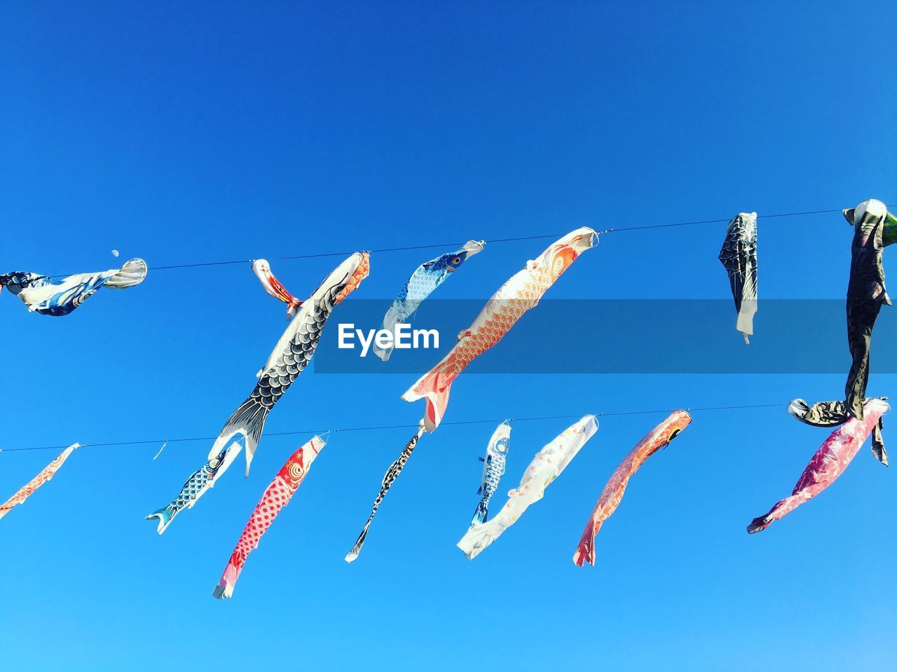Low angle view of paper fish hanging against blue sky