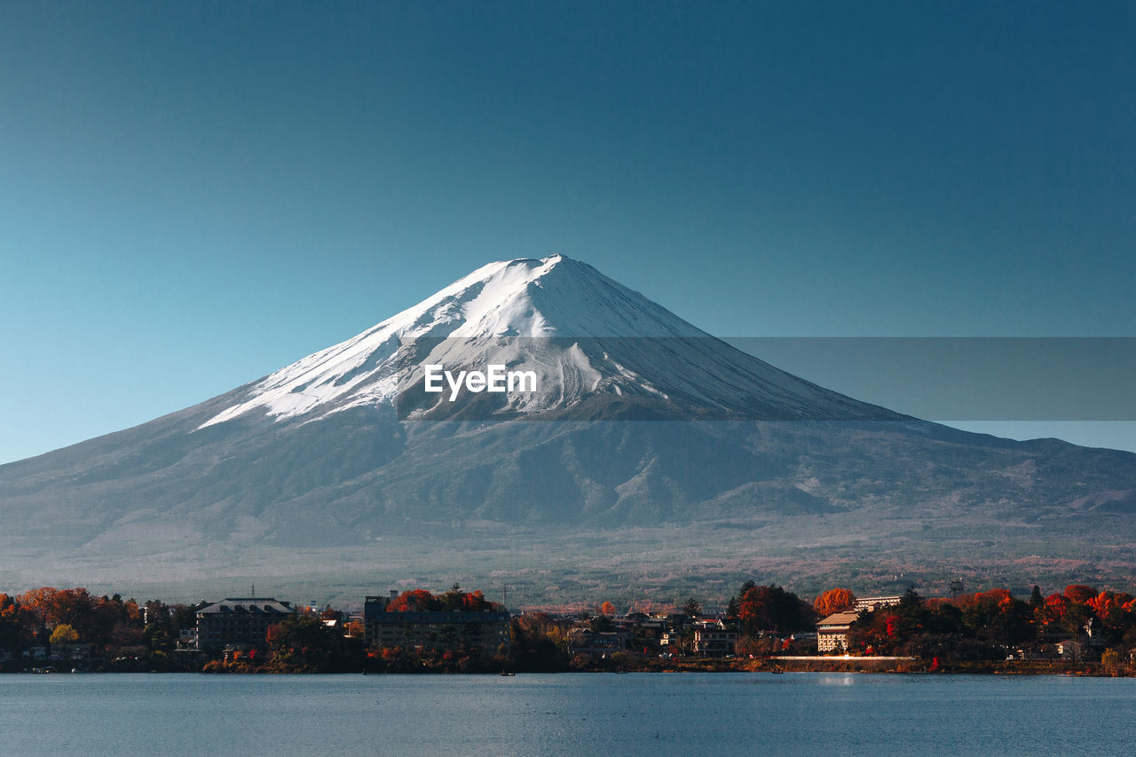 Scenic view of snowcapped mountains against clear sky