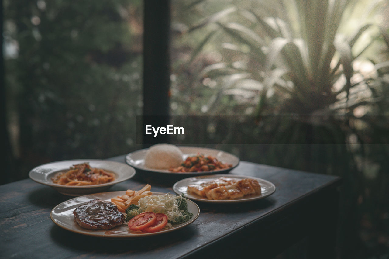 Close-up of food served on table