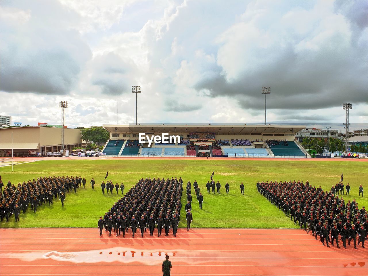 High angle view of parade on ground in stadium