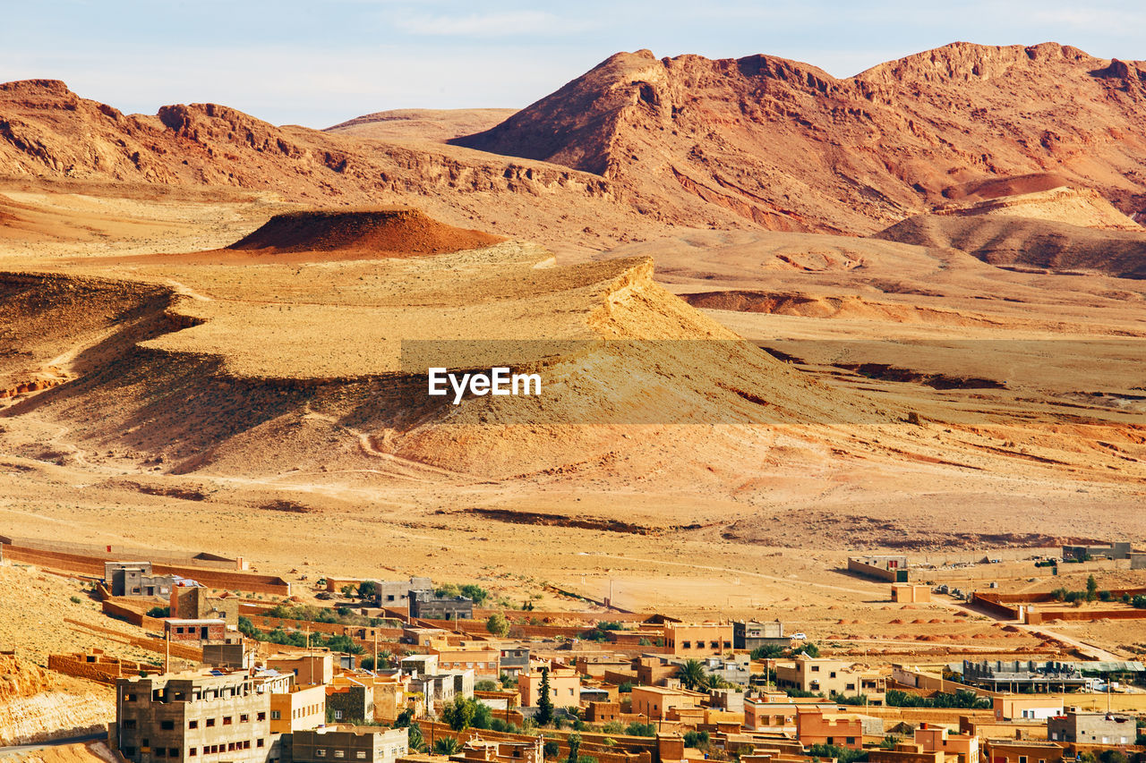 High angle view of canyon and ancient berber village of tinghir in sahara desert , morocco