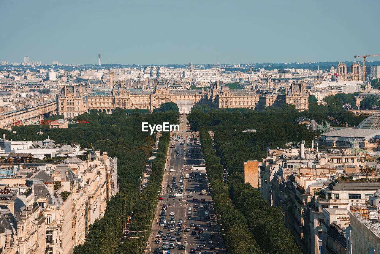 high angle view of cityscape against clear sky