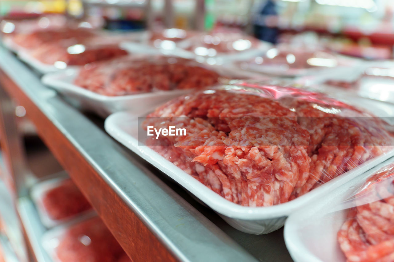 CLOSE-UP OF MEAT IN CONTAINER