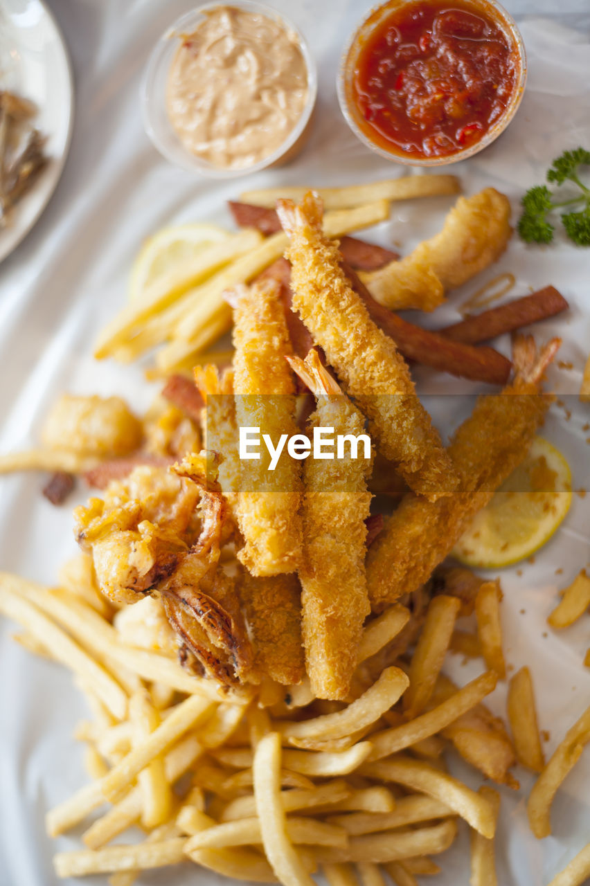 Close-up of seafood served on dining table