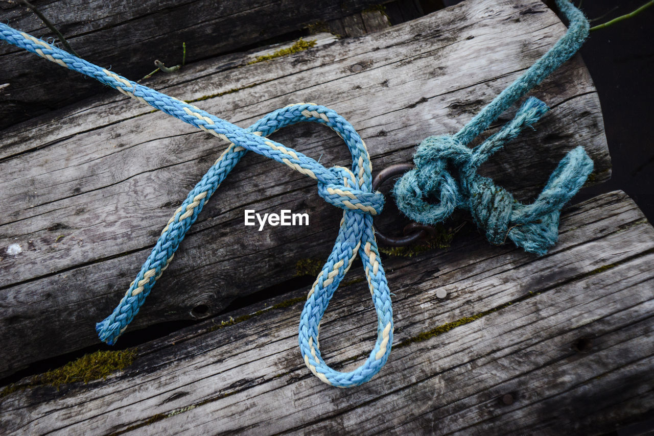 High angle view of blue rope tied on log