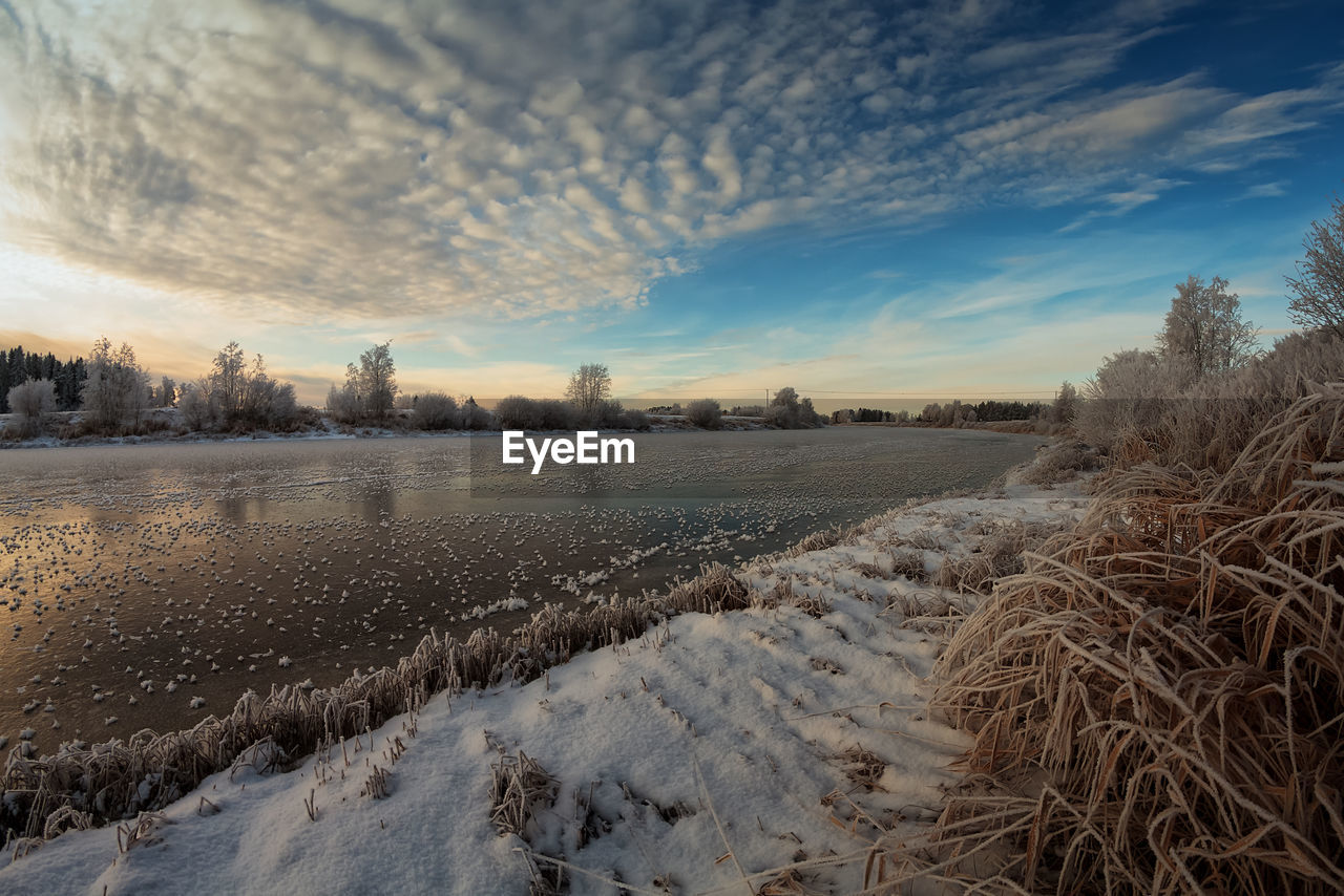 Scenic view of frozen field against sky during winter