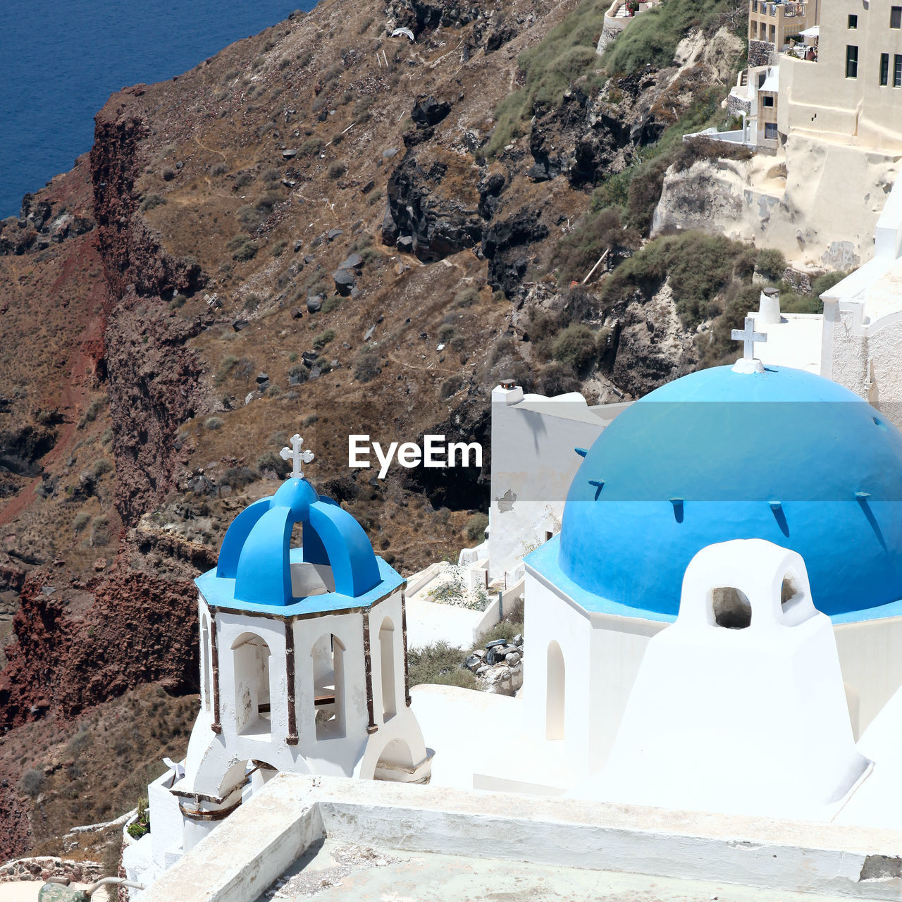 High angle view of whitewashed church at santorini