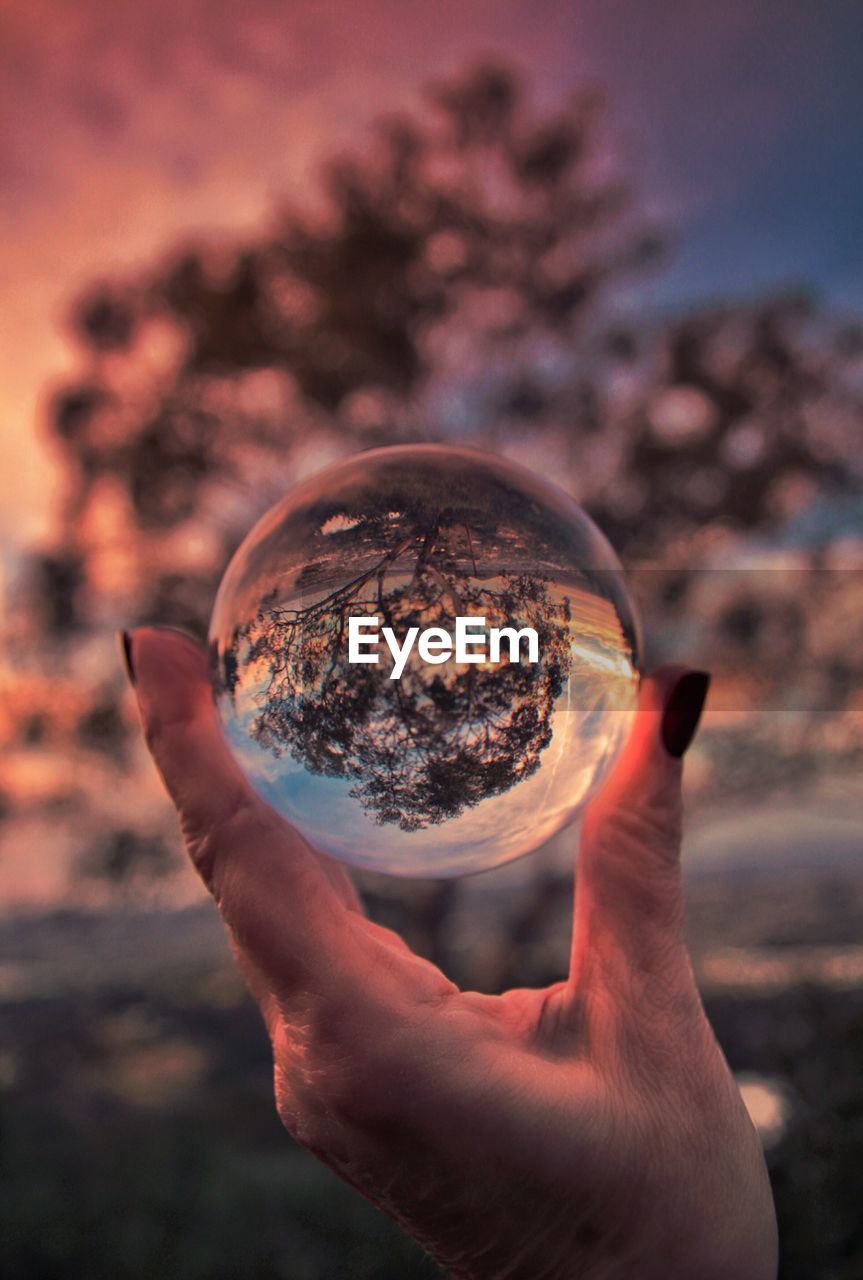 CLOSE-UP OF PERSON HAND HOLDING CRYSTAL BALL