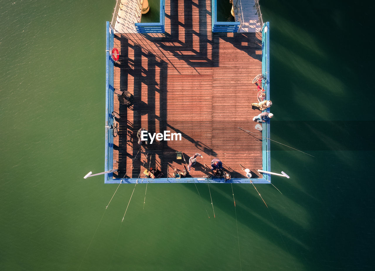 High angle view of ship moored in sea