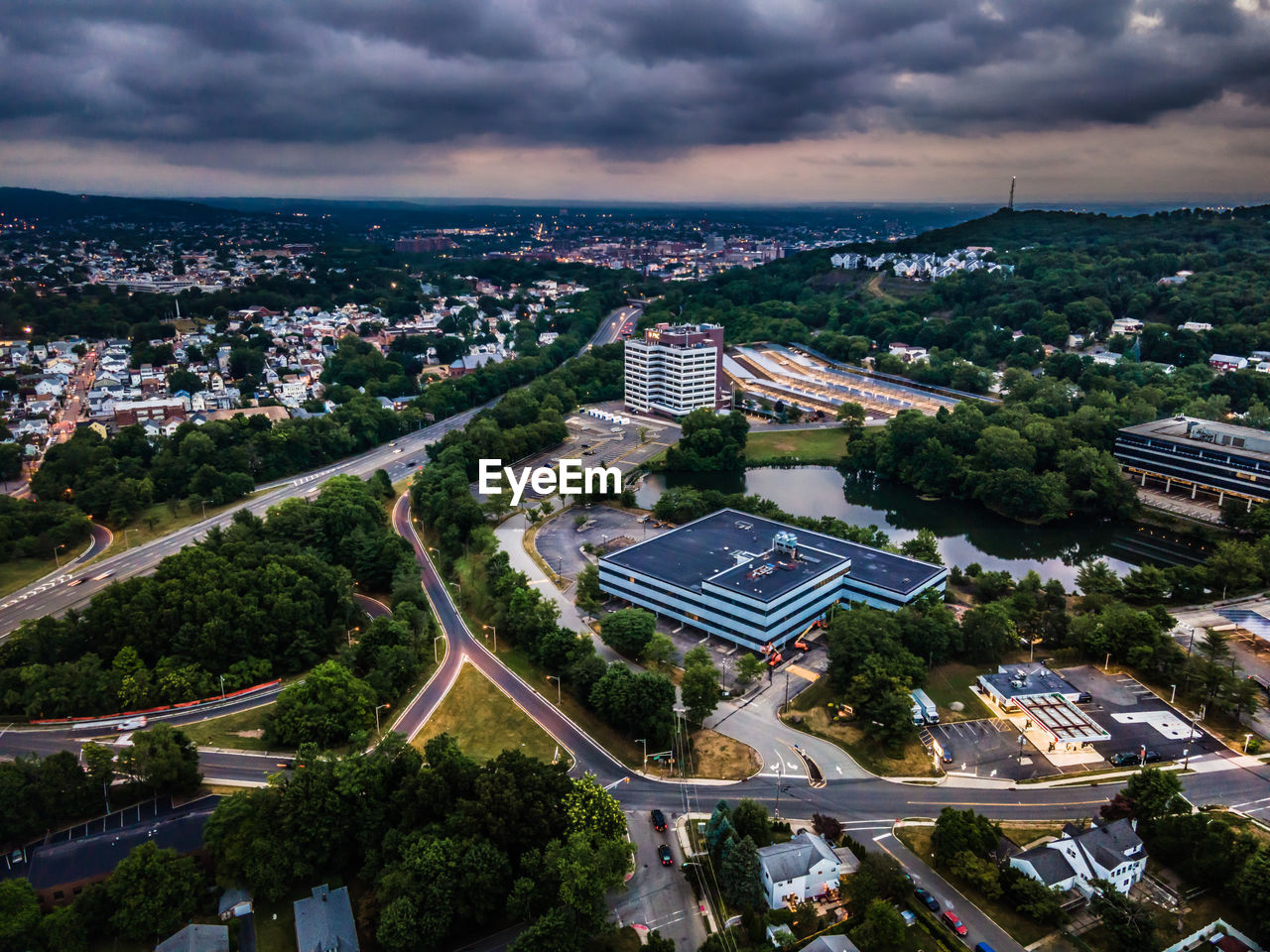 High angle view of buildings against sky