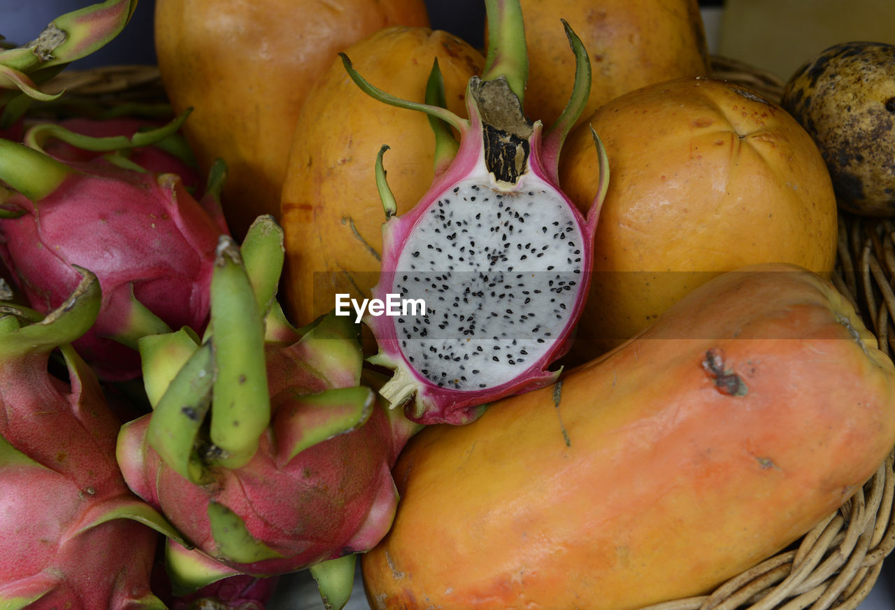 High angle view of various fruits in basket